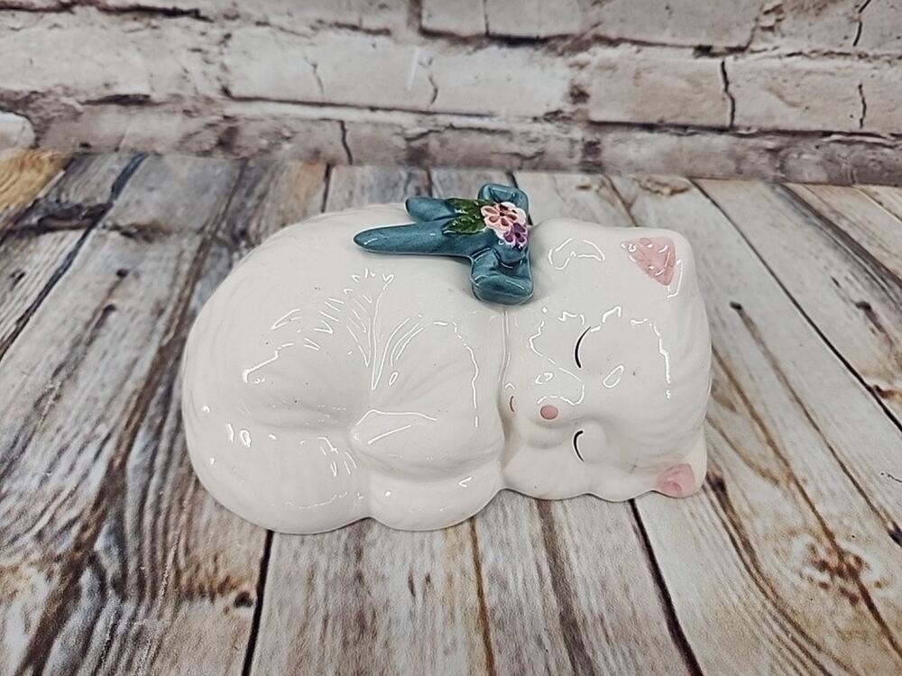Vintage Porcelain Sleeping Cat Figurine White w Attached Bow Flowers Hand Painte